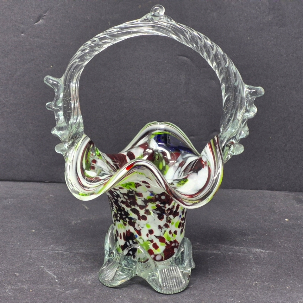 Multi Color Art Glass Basket With Applied Clear Glass Feet And Handle